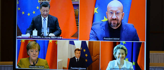 Le president chinois Xi Jinping et ses partenaires europeens annoncent lors d'une videoconference le 30 decembre dernier la conclusion d'un accord d'investissement entre la Chine et l'Union europeenne.
