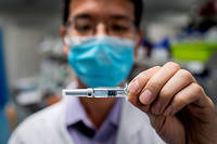 Un chercheur face à une dose du « vaccin chinois » Sinovac. Photo prise le 29 avril 2020.

