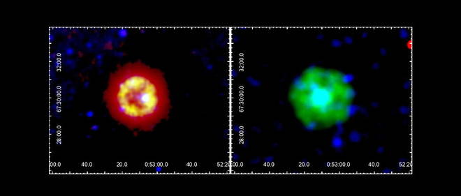 Un nouveau type d'etoile nee de la fusion de deux etoiles moribondes brille dans la constellation de Cassiopee. 
