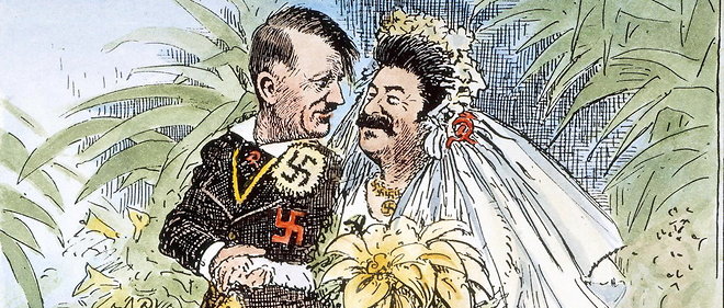 Caricature, par Clifford K. Berryman en 1939, du pacte germano-sovietique signe en aout 1939. Ici, le pacte est represente sous la forme du mariage entre Adolf Hitler et Joseph Staline.
