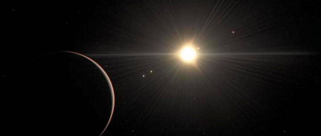 Vue d'artiste du systeme TOI-178 avec, au premier plan,  la planete orbitant le plus loin de l'etoile.
