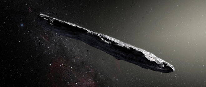 Representation artistique de l'objet interstellaire Oumuamua qui a traverse notre systeme solaire a vive allure en 2017. 
