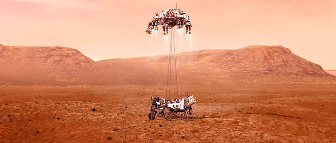 Representation artistique de la grue volante Sky Crane deposant le rover americain << Perseverance >> a la surface de Mars le 18 fevrier 2021. 
