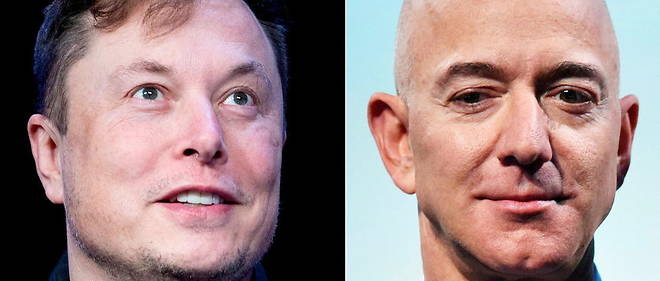 Les deux multimilliardaires Elon Musk (a gauche) et Jeff Bezos partagent une ambition : celle de fournir de l'Internet a haut debit depuis l'espace (illustration).
