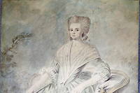 Olympe de Gouges (1748-1793), sur une aquarelle anonyme du XVIII e  siecle, au musee du Louvre.
