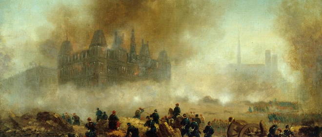 Gustave Boulanger (1824-1888) est l'auteur de cette peinture representant l'Hotel de Ville incendie pendant la Commune de Paris.
