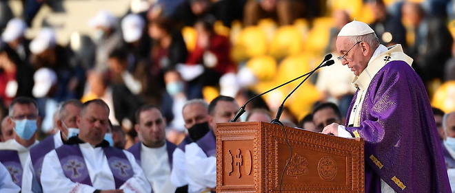 Le pape Francois lors de son sermon dans le stade Franso Hariri a Erbil (Kurdistan irakien), le 7 mars.
