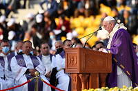 Le pape François lors de son sermon dans le stade Franso Hariri à Erbil (Kurdistan irakien), le 7 mars.
