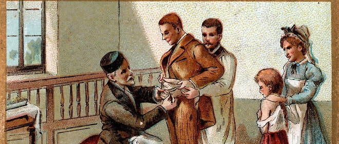 Sciences : Louis Pasteur administrant une vaccination contre la rage, aneees 1880. Chromolithographie (Chromo) du debut du XXe siecle. (C)Lee/leemage
