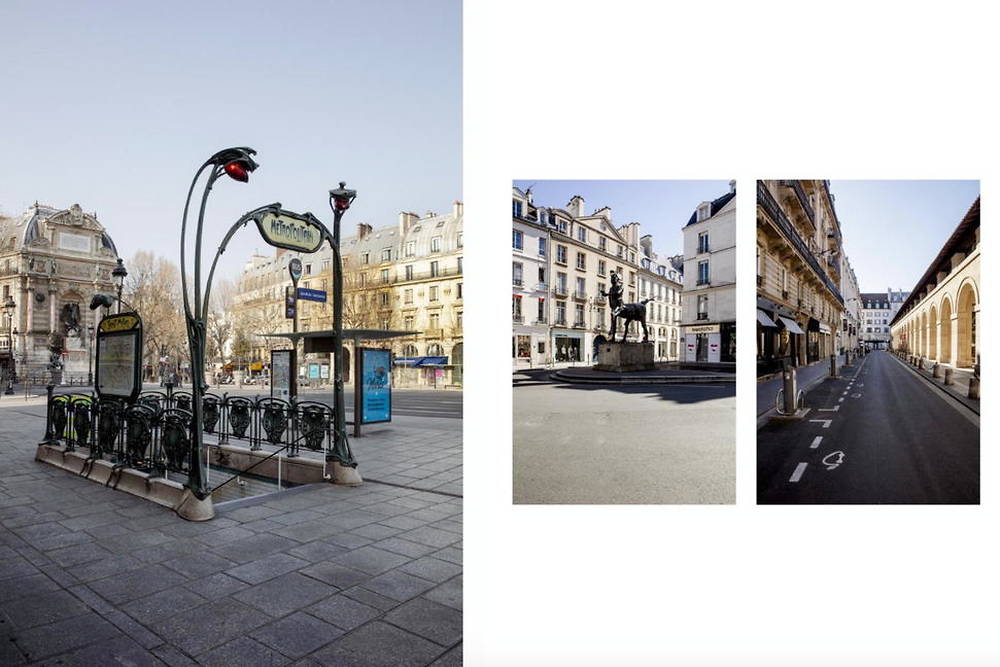 Lors des brèves sorties qui leur étaient autorisées (une heure dans un périmètre réduit autour de leur domicile), les Parisiens ont redécouvert sous un jour nouveau le mobilier urbain. Ici, l'entrée du métro Saint-Michel conçue par l'architecte Hector Guimard.