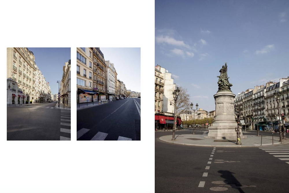 Le photographe a sillonné, deux mois durant, les vingt arrondissements de la capitale. À gauche : la rue du Faubourg-Saint-Honoré et le quai Saint-Michel. À droite : la place Clichy.