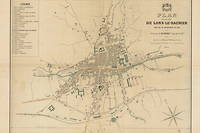 Ce plan de Lons-le-Saunier (Jura) de 1874 met en évidence le rôle administratif de la ville, permet d’identifier, notamment, les lieux de culte ou les établissements scolaires et de se repérer.
