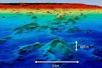 Carte 3D représentant le volcan sous-marin situé à une cinquantaine de kilomètres au large de l'archipel de Mayotte (le volcan est au premier plan et Mayotte en arrière-plan).
