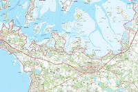 Le long bras de la presqu'île de Rhuys fermant, au sid, le golfe du Morbihan sur une carte IGN de la Bretagne à l'échelle 1/25 000.
