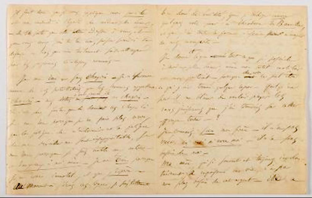 Vendue aux enchères en novembre 2018, cette lettre de Baudelaire, datée de juin 1845, où il lègue sa maigre fortune à sa maîtresse Jeanne Lemer, a atteint les 234 000 euros.
 ©  DR