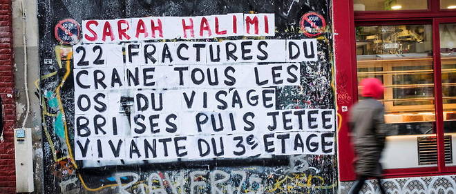 Dans une rue de Paris, collage a la memoire de Sarah Halimi, tuee en 2017.

