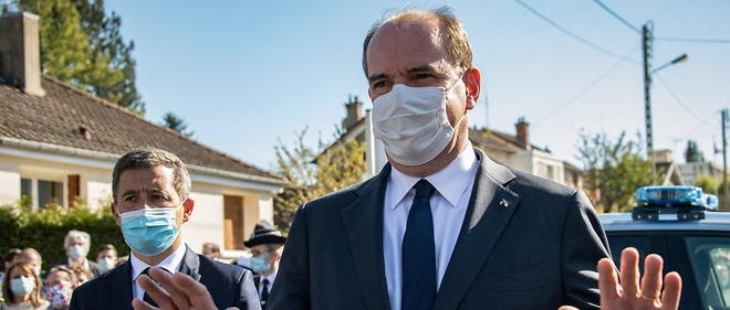 Le Premier ministre Jean Castex et le ministre de l'Interieur Gerald Darmanin, a Rambouillet le 24 avril, au lendemain de l'assassinat de Stephanie M. par Jamel Gorchene.
