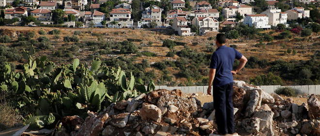 Un jeune Palestinien observe au loin la colonie israelienne de  Hashmonaim, situee a l'ouest de la ville de Ramallah, en Cisjordanie.
