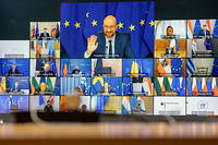 Charles Michel, président du Conseil européen, en visioconférence avec les chefs d'État et de gouvernement européens, le 25 mars 2021, à Bruxelles.
