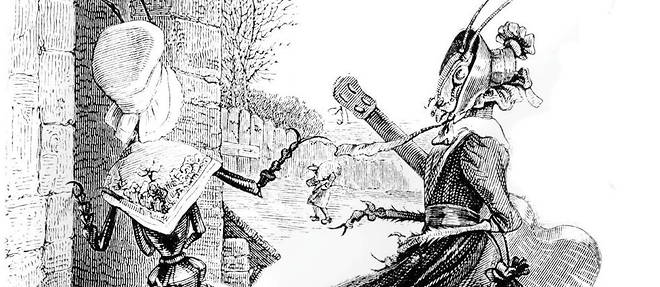 Illustration de Grandville, pour les Fables publiees en 1838. En habillant les animaux ou en dessinant une tete d'animal sur un corps d'homme, l'illustrateur introduit une reflexion sur l'ambiguite entre nature humaine et nature animale.
