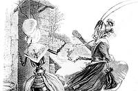 Illustration de Grandville, pour les  Fables  publiees en 1838. En habillant les animaux ou en dessinant une tete d'animal sur un corps d'homme, l'illustrateur introduit une reflexion sur l'ambiguite entre nature humaine et nature animale.
