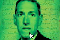 Howard Phillips Lovecraft, représenté en mode pixels sur la couverture de l'ouvrage «  Lovecraft et le jeu vidéo » , de Carlos Gomez Gurpegui (Ynnis éd.).
