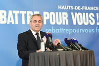 Xavier Bertrand, candidat à sa succession dans les Hauts-de-France, lors d'un meeting à Maubeuge le 3 mai 2021. 

