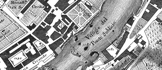Le Tibre au niveau de l'ancien pont Sublicius, entre les rioni du Trastevere (a g.) et de Ripa
(carte issue de La Nouvelle Topographie de Rome, de Giovanni Battista Nolli, publiee en 1748). 
