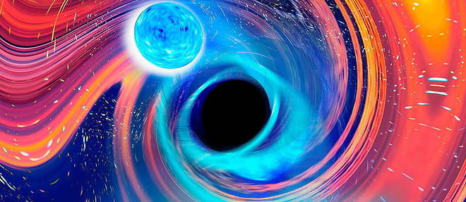Vue d'artiste d'une fusion entre un trou noir et une etoile a neutrons.
