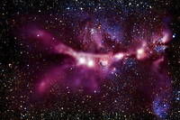 Cette image de la région de formation d'étoiles NGC 6334, connue sous le nom de nébuleuse de la Patte de chat, est l'une des premières images prises par l'instrument Concerto sur le télescope Apex, exploité par l'ESO. Les nouvelles observations, présentées en blanc et en rose, ont été superposées à une image de la même région prise dans le proche infrarouge par le télescope Vista de l'ESO à Paranal. 
