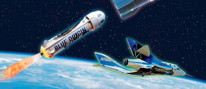 La fusee New Shepard, la capsule du vaisseau Crew Dragon et l'avion spatial SpaceShipTwo.