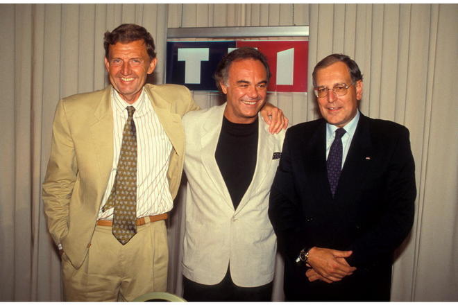 Étienne Mougeotte, Laurent Cabrol et Patrick Le Lay lors de la rentrée télé 1992. 
 ©  Alain BENAINOUS / GAMMA-RAPHO / Alain BENAINOUS/GAMMA