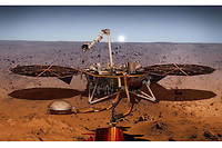 L'atterrisseur InSight à la surface de la planète Mars. À son bord se trouve un sismomètre français, SEIS, imaginé par Philippe Lognonné et son équipe. 
