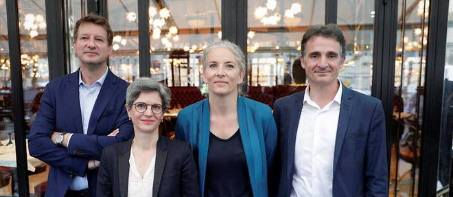 De gauche a droite : Yannick Jadot, Sandrine Rousseau, Delphine Batho et  Eric Piolle, tous candidats a la primaire ecologiste (a Paris, le 12 juillet). 
