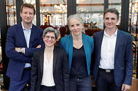Yannick Jadot, Sandrine Rousseau, Delphine Batho et Éric Piolle, quatre des cinq candidats à la primaire des écologistes.
