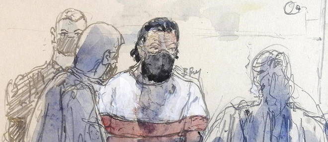 Croquis representant Salah Abdeslam au deuxieme jour du proces des attentats du 13 novembre 2015. 
