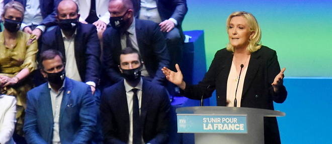Marine Le Pen a Perpignan le 4 juillet 2021 lors d'un rassemblement de cadres du Rassemblement national.  
