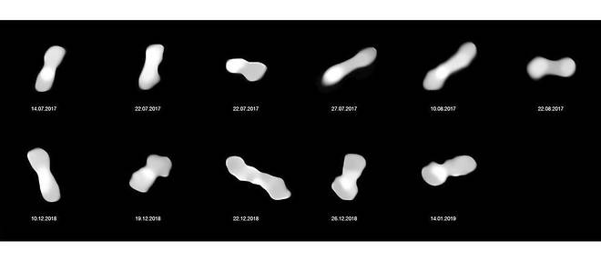Ces onze images figurent l'asteroide Kleopatra, observe sous divers angles au fil de sa rotation. Les cliches ont ete pris a differentes epoques comprises entre 2017 et 2019 au moyen de l'instrument Sphere.
