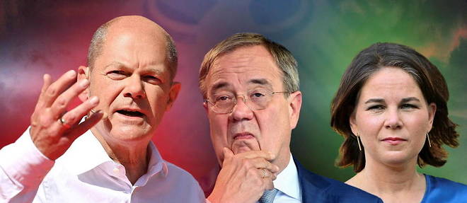Les trois principaux candidats a la chancellerie allemande, Olaf Scholz (SPD), Armin Laschet (CDU) et Annalena Baerbock (Verts).  
