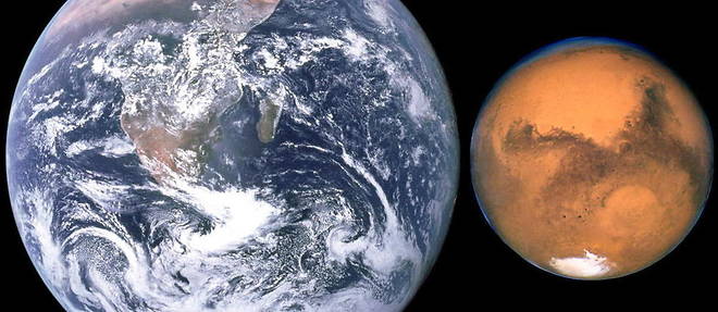Ce montage permet d'apprecier la taille respective de Mars et de la Terre. 
