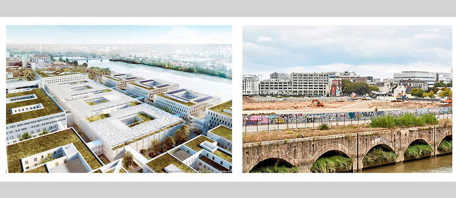 Le projet d'un unique CHU reunissant les services de l'hotel-Dieu et de l'hopital Nord-Laennec sur l'ile de Nantes (en haut), encore en chantier (ci-dessus), devrait etre acheve en 2026.