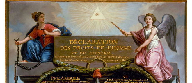 << Declaration des droits de l'homme et du citoyen. La Monarchie, tenant les chaines brisees de la Tyrannie, et le genie de la Nation, tenant le sceptre du Pouvoir, entourent le preambule de la declaration >>, de Jean-Jacques-Francois Le Barbier (1789).
