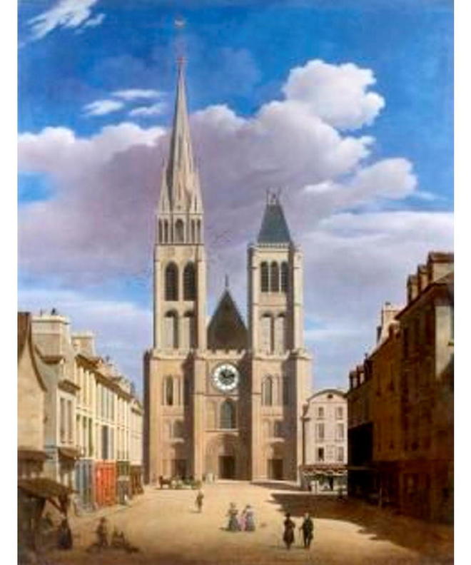 Représentation de la basilique de Saint-Denis avec sa tour nord et sa flèche, vers 1817, par <cite class="legend" style="width:224px">Etienne-Joseph Bouhot.</cite>
 ©  Musée d'art et d'histoire de Saint-Denis
