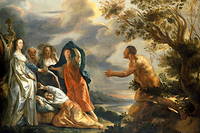  La Rencontre d'Ulysse et Nausicaa,  de Jacob Jordaens, huile sur toile, vers 1630. Dans un geste d'accueil legendaire, la princesse prend soin d'Ulysse apres le naufrage de son navire.
