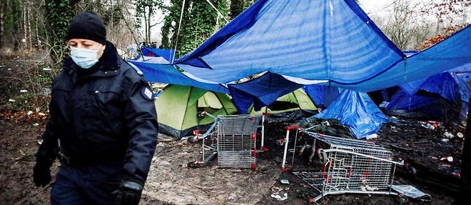 Des policiers procedant a une evacuation d'un camp de migrants, dans la foret de Grande-Synthe, le 29 decembre 2020.
