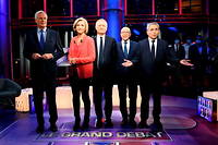 Les candidats au congrès des Républicains, Philippe Juvin, Michel Barnier, Valérie Pécresse, Xavier Bertrand et Éric Ciotti, lundi 8 novembre. 
