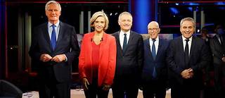 Les cinq candidats à l'investiture de LR pour la présidentielle lors du premier débat sur LCI.
