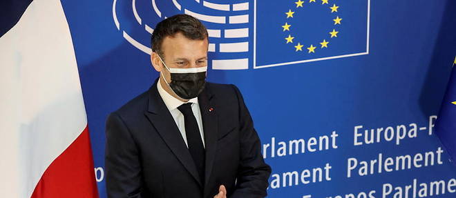 Emmanuel Macron au Parlement europeen, a Strasbourg, le 9 mai 2021.
