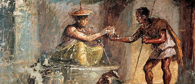 << Le voyageur et le magicien >>, fresque romaine provenant de la villa dei Dioscuri, a Pompei (Ier siecle).