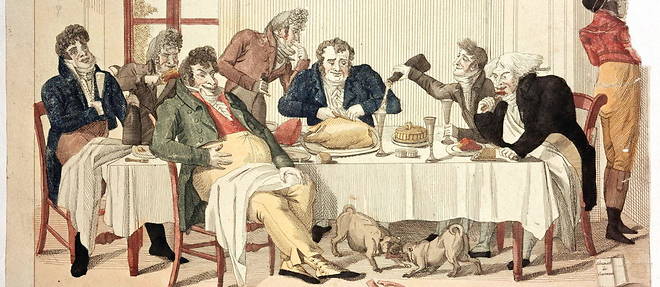 Les gourmands a table (illustration du XIXe siecle conservee au musee Carnavalet). Pas question pour ces gastronomes de manger debout !
